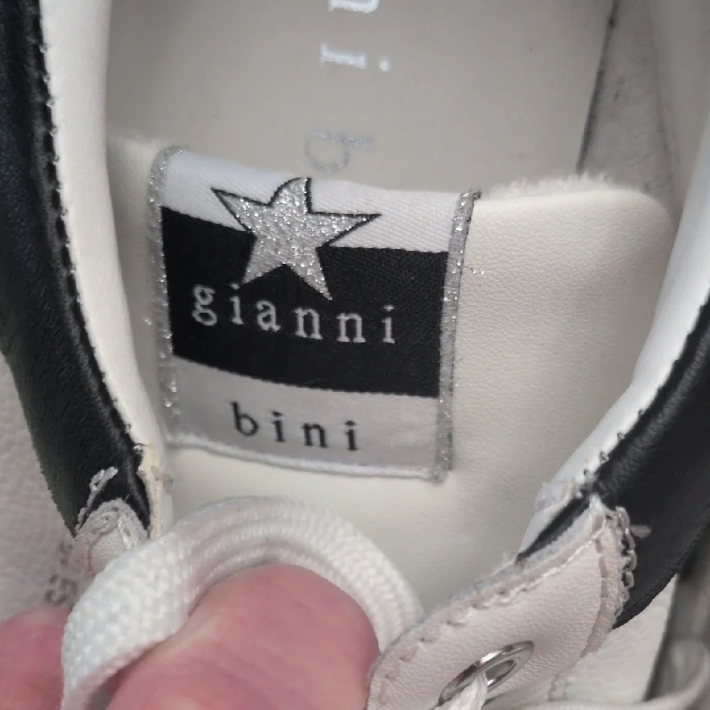 Gianni Bini White Leather Sneakers with Black Heel and Crystal Accents